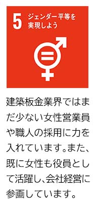 建築板金業界ではまだ少ない女性営業員や職人の採用に力を入れています｡また、既に女性も役員として活躍し､会社経営に参画しています。